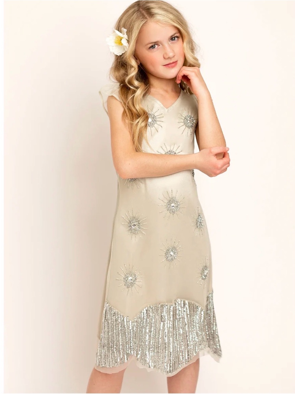 Joyfolie Cream Dress with Silver Sequin Starburst Accents